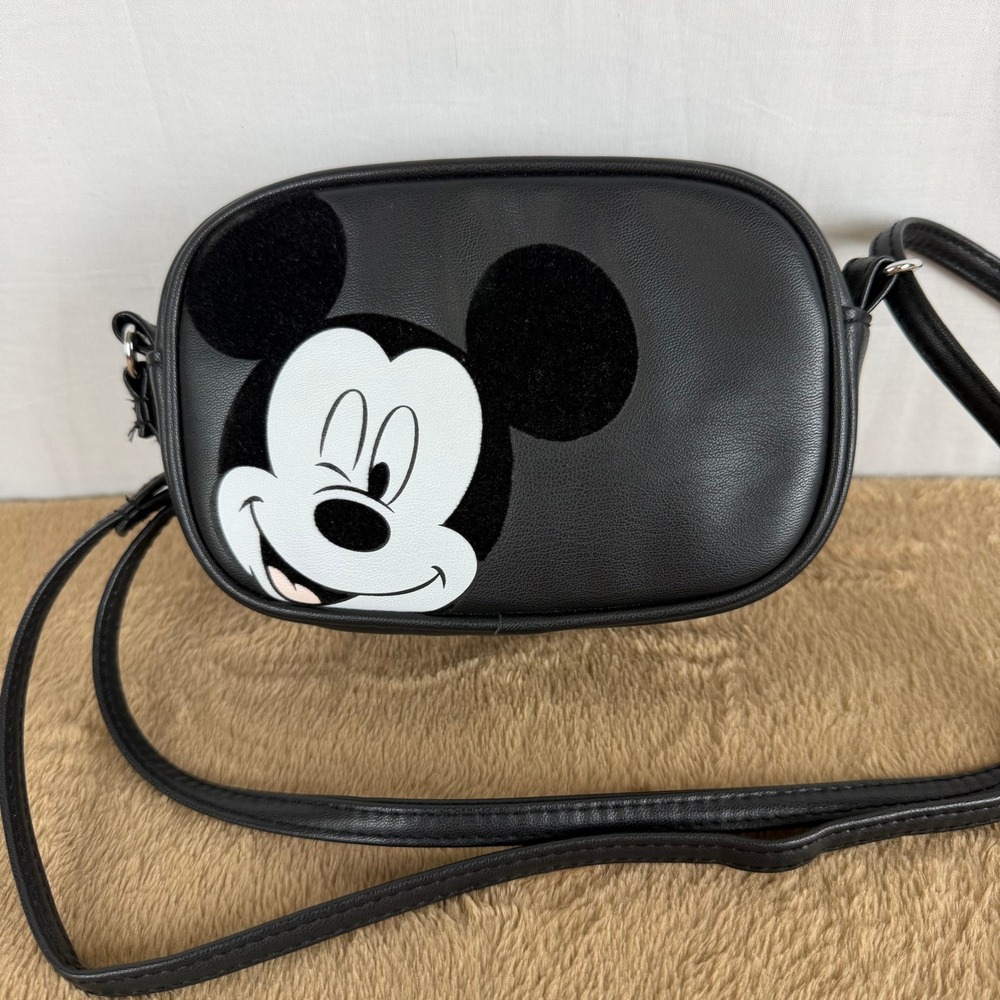 Disney Mickey Mouse Winking Black Crossbody Camera Bag Faux Leather